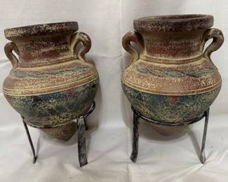 Pair of Aztec Style Clay Pottery Vases on Rustic Metal Stands