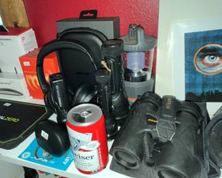 Nikon binoculars, flashlights, Bose headphones