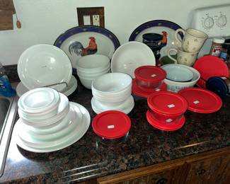 White Corelle dinnerware & Pyrex food containers