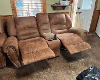 Rocking & reclining microfiber settee w/ console