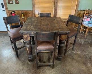 AWESOME! Heavy, rustic tall table w/ 4 padded stools!