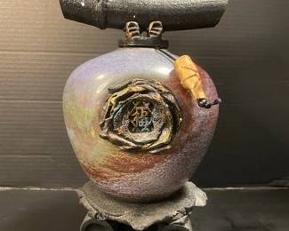 Early Matthew Lovein Raku Pottery Wish Keeper Vase With Stand