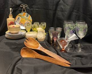 Various Glassware Including Irish Delicate Cream And Sugar And Handpainted Grape Wine Glasses