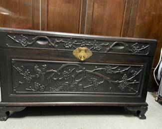 Vintage Asian Carved Camphor Wood Trunk