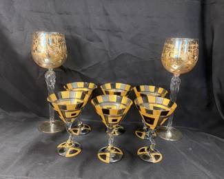 Vintage Gold Toned Wine Goblets Handpainted Martini Glasses