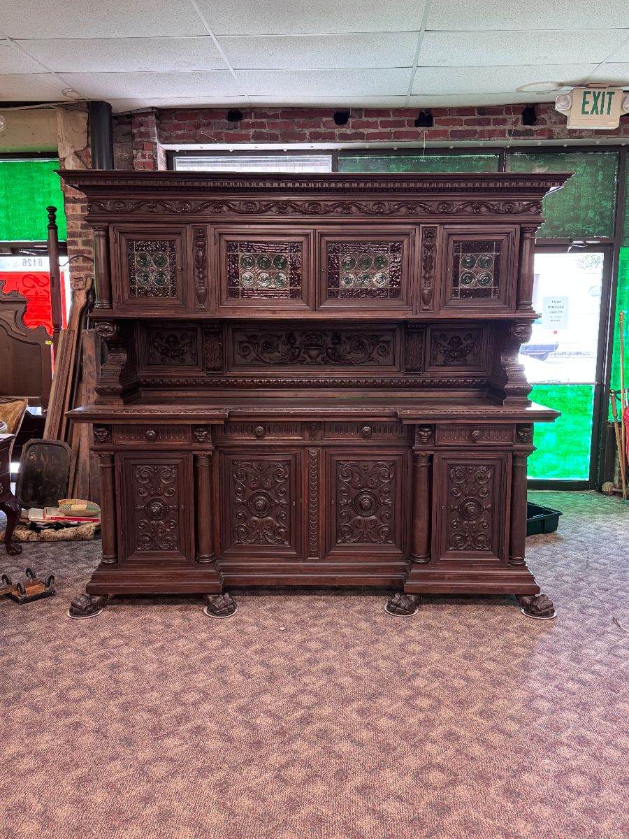 Large 8’ Carved Italian Sideboard w/ Stained Glass Doors