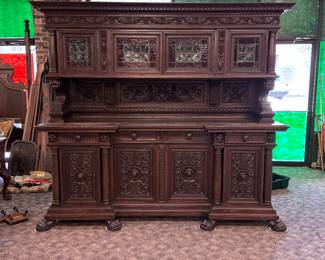 Large 8’ Carved Italian Sideboard w/ Stained Glass Doors