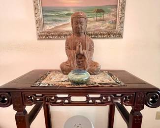 Vintage Chinese Alter table, Orig painting of La Jolla Windensea Beach ‘ Shack’