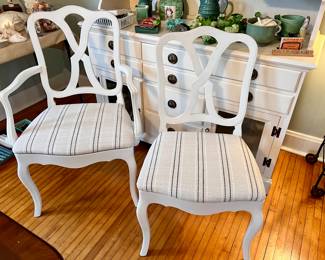 6 Painted chairs - 2 arm and 4 sides - Brand new professionally upholstered seat covers 