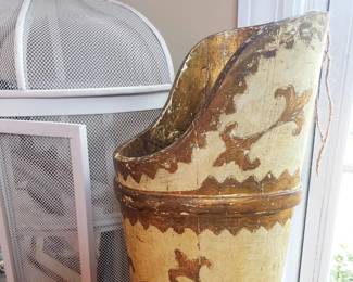 Vintage Florentine Italian Gold Cream Wood Umbrella Stand Vase Baroque