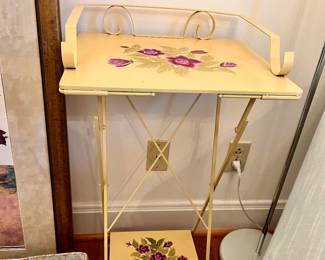 Matching metal folding side tables w/hand painted floral design 