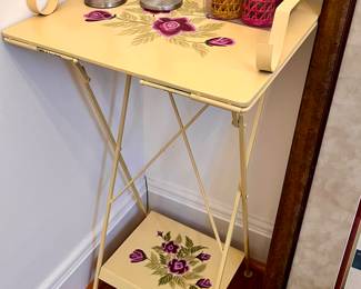 Matching metal folding side tables w/hand painted floral design 