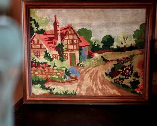 Vtg needlepoint cottage picture