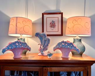 3 Vtg. Haeger vases, 2 matching blue glass lamps and Hand made Cross Stitched floral picture 