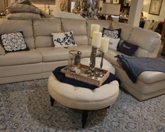Leather Sectional Sofa, Round Tufted Ottoman