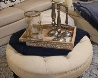 Round Tufted Ottoman, Rustic Wood Tray, Candle Holders