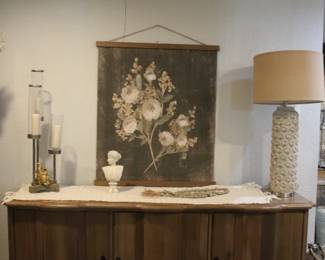 Canvas Tapestry Wall Hanging, Contemporary Credenza, Tall Ceramic Lamp