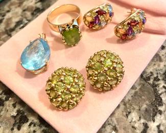 Aquamarine Pendant/Peridot Earrings/Peridot Ring/Multi-Colored Earrings (14k gold)