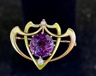 Art Nouveau Amethyst/Pearl Brooch (14k gold)