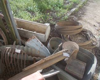 Barrel rings, galvanized tub, hay fork