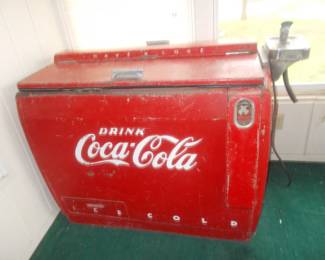 Double top load VINTAGE COCA-COLA refrigerated box with water fountain   minimal rust needs a new cord compressor does start