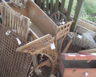 School desk parts, metal wheel, wooden tool box