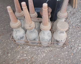 Metal case and oil jars with spouts ...oldies