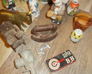 Toy cast iron high chair, iron, partial grinder, figurines and more