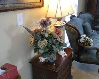 Table, floral and lamp