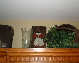 Hand painted wooden piece, a very nice glass vase, and a a basket full of faux florals