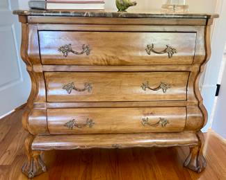 Kreiss Furniture 3-Drawer Chest Of Drawers with a light emperador marble top.