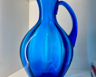 Blue Blenko Optic Ribbed Glass Pitcher.