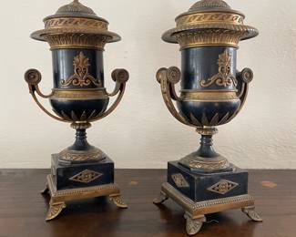 Pair of brass/ebony decorative urns (10 in)