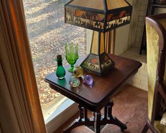 Leaded glass Tiffany style camel lamp, walnut lamp table