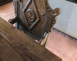 circa 1914 Jacobean dining room furniture, extension table with two hidden leaves, 4 side chairs, two armchairs, bench, buffet/sideboard, additional Jacobean furniture: side table, library table, and cedar chest.