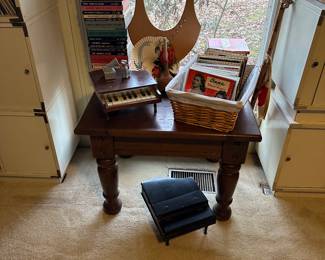 Miniature child’s piano, music harp, 1968 Chinese music stick, Jazz albums, vinyl records