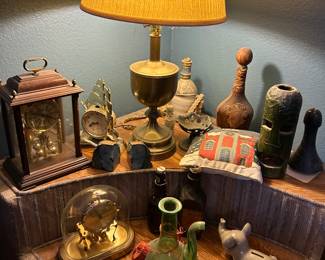 Blown glass wine decanter, kundo perpetual clock, lamp, leather decanter, geode bookends