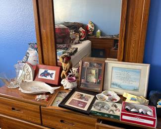 Christmas ornaments, hat, vanity dresser