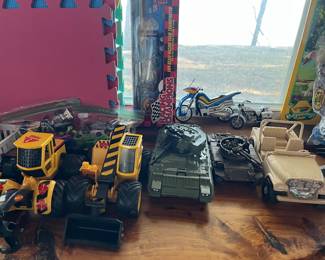 toy trucks, excavators, tanks, jeep