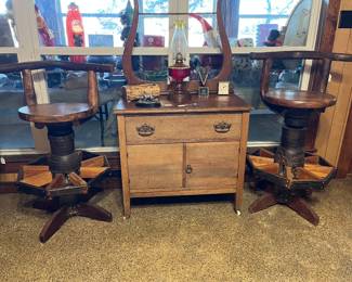 ox yoke and wagon wheel stool; two available; oak ox yoke wash stand