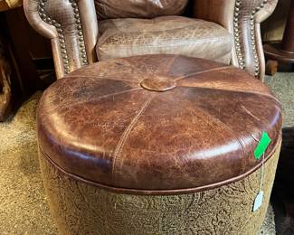 nailhead leather rolled arm club chair and round ottoman