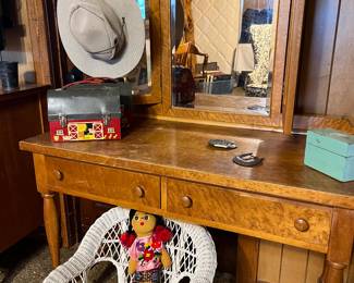 antique oak two drawer vanity with triple mirror