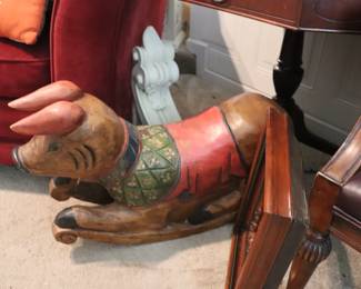 Vintage  Wood Carved Rocking  Pig 
