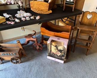 Wooden doll furniture, porcelain dolls