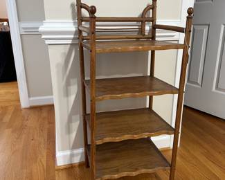 C49 - $20 - Small wooden shelf that is twisted / wiggly. Measures 17" wide x 13" deep x 39" tall. Really cool look but needs some TLC. 