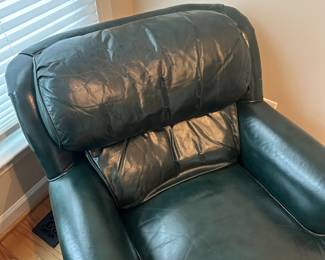 C16 - $175 - Distinction Leather Chair & Ottoman. Dark Green. Measures 34" wide x 38" tall x 32" tall. No holes, rips etc but the leather is showing signs of wear. 