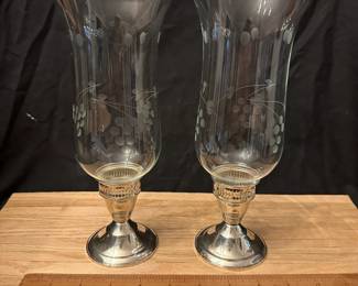C61 - $40 PAIR - Duchin Creation Sterling Weighted Candleholder with etched glass globes. 