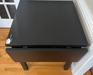 C8 - $85 - Ikea Nordviken Drop Leaf Table in Black. (Needs piece installed to hold open drop leaf) Measures 29" square x 29.5" tall. Leaf adds 12". 