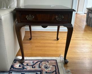 C7 - $125 - PAIR of Drexel single drawer side tables. Measures 22" x 27" x 24.5" tall. Both are sturdy with minor surface wear / chips - see photos. 