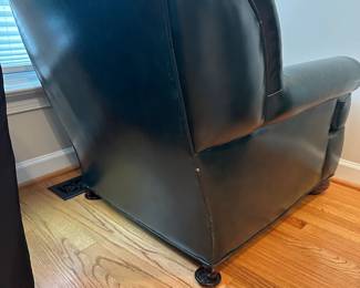 C16 - $175 - Distinction Leather Chair & Ottoman. Dark Green. Measures 34" wide x 38" tall x 32" tall. No holes, rips etc but the leather is showing signs of wear. 